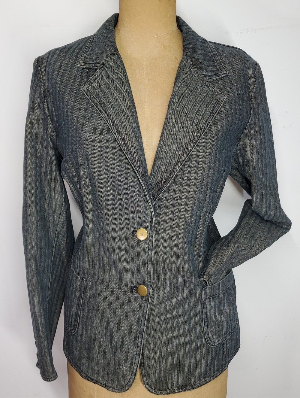 NY & Co. Sz XL Blazer Vintage Jacket Herringbone Striped Pockets Dark Blue Denim